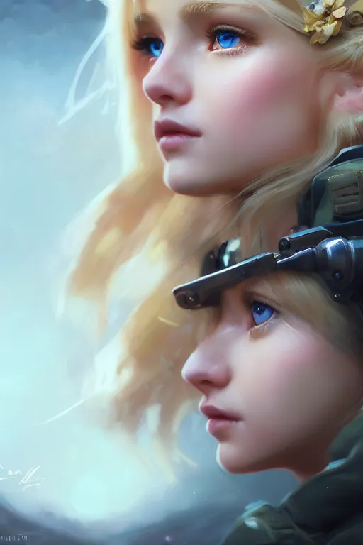 Image similar to cinematic shot of an epic portrait of a cute blonde fairy dressed in military clothes, stylised military clothes, shiny skin, beautiful eyes, beautiful, small details, night setting, realistic poster with volumetric light from craig mallism, artgerm, jeremy lipkin and michael garmash, unreal engine, radiant light, digital art, trends at art station, a masterpiece