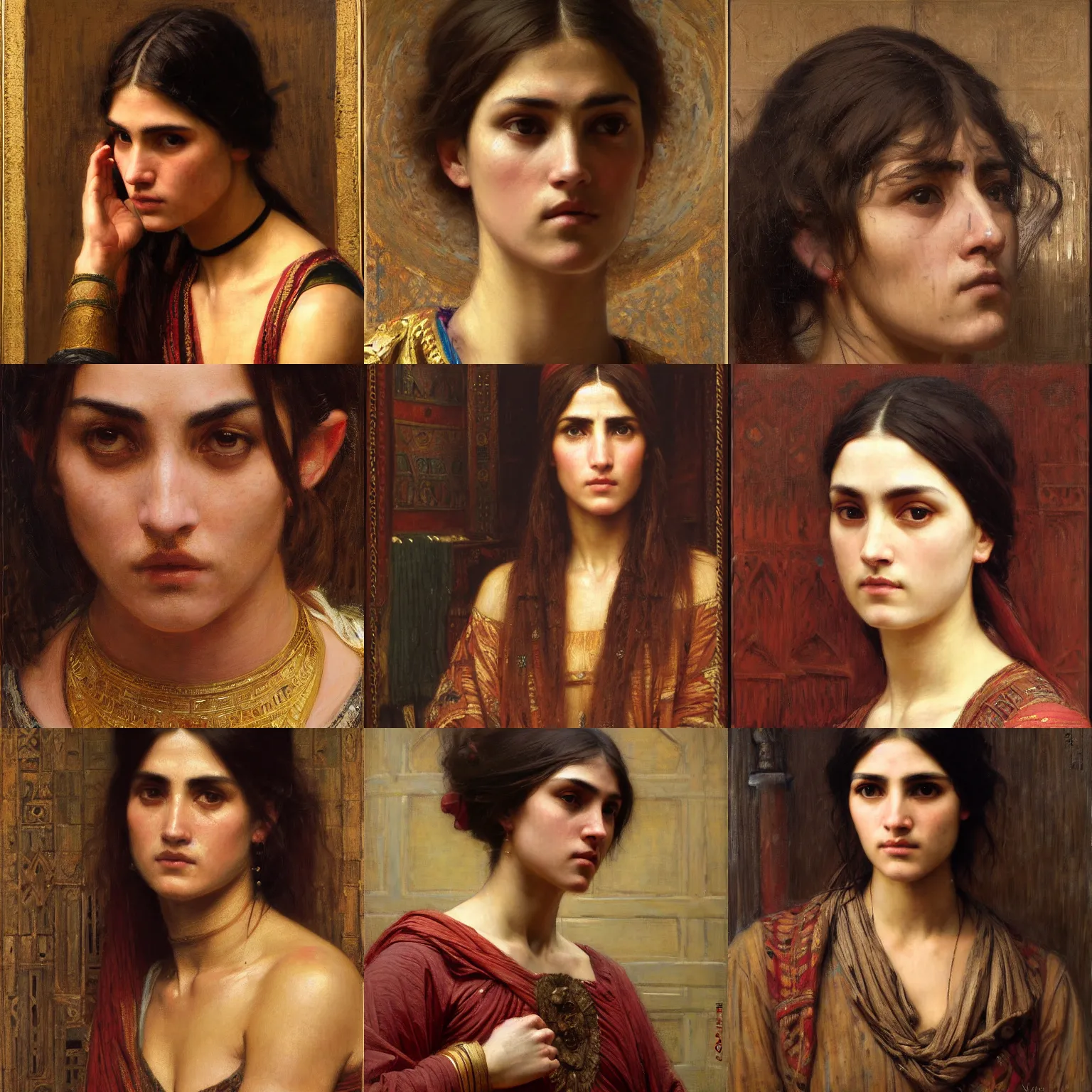 Prompt: furrowed brow orientalist intricate portrait by john william waterhouse and Edwin Longsden Long and Theodore Ralli and Nasreddine Dinet, oil on canvas. Cinematic, hyper realism, dramatic lighting, high detail 8k