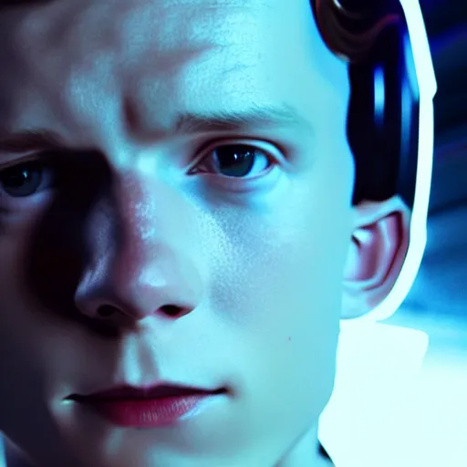 Image similar to tom holland as an android, cyberpunk, dream sequence, lonely, concept art, smooth, high quality