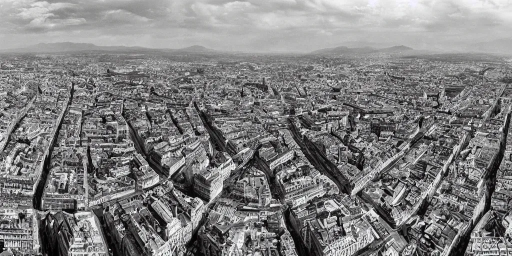 Prompt: a renaissance city imagined by Ludwig Hilberseimer , bird's eye view, cinematic full shot, high res, 35mm film black and white photograph