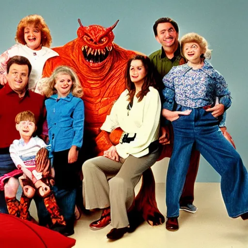 Prompt: vintage 1 9 9 0's sitcom photo, a happy photogenic family and a large giant evil demonic horrifying angry detailed monstrous demon creature inside a 1 9 8 0's sitcom living room