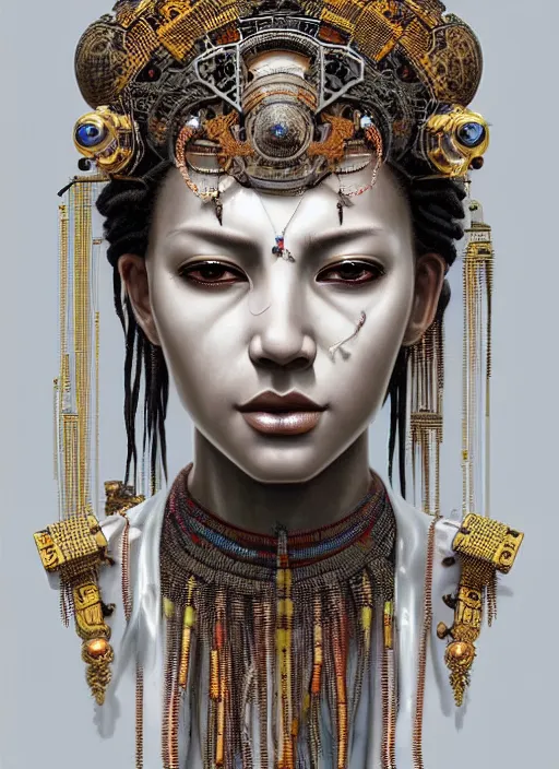 Image similar to white statue!! portrait of a cyberpunk machine, machine face, upper half portrait, decorated with beads, african man, traditional chinese art, intricate, elegant, highly detailed, headpiece, digital painting, artstation, concept art, smooth, sharp focus, illustration, art by artgerm and greg rutkowski and alphonse mucha, 8 k