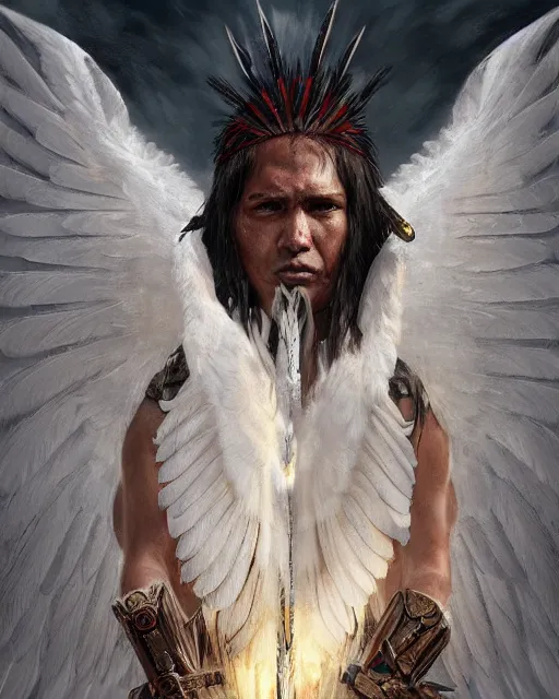 Prompt: an indigenous warrior with angelic wings, by tsuyoshi nagano, by greg rutkowski, dramatic lighting, blood, god rays, angelical, symmetrical, intricate, detailed, cinematic, masterpiece