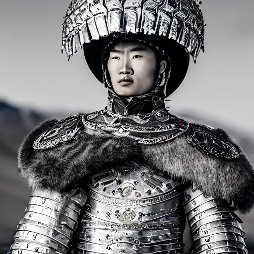 Prompt: a portrait of a beautiful young mongolian male wearing an alexander mcqueen armor , photographed by andrew thomas huang, artistic