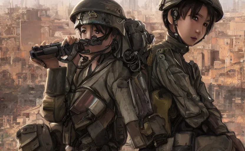 Image similar to top portrait of mechanized soldier girl, anime style, urban in background, soldier clothing, combat helmet, short hair, hair down, symmetrical facial features, from arknights, hyper realistic, 4 k, rule of thirds, extreme detail, detailed drawing, trending artstation, hd, d & d, realistic lighting, by alphonse mucha, greg rutkowski