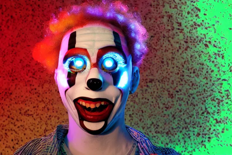 Image similar to friendly cyborg - clown emerging from a space portal in cyberspace, fractal, in 1 9 8 5, y 2 k cutecore clowncore, bathed in the glow of a crt television, crt screens in background, low - light photograph, in style of tyler mitchell
