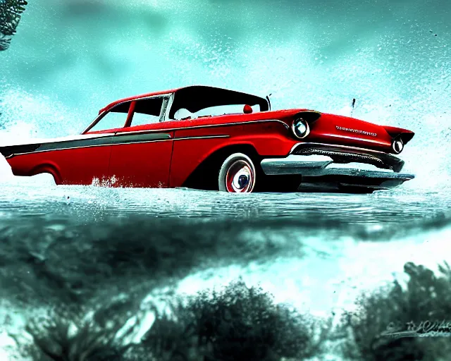 Image similar to red 1 9 5 8 plymouth fury submerged under water, cinematic, photoreal, by red dead redemption 2