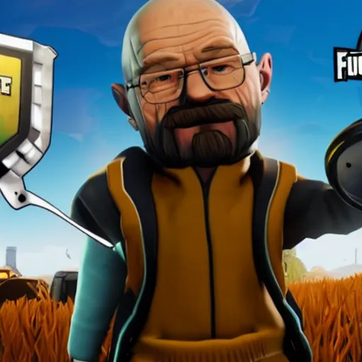 Image similar to walter white as a fortnite character, gameplay screenshot