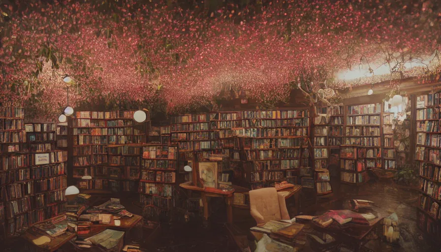 Image similar to a Wes Anderson 35mm film still of a very surreal magical bookstore with a waterfal inside, apothecary, botanical garden, falling be cherry blossoms pedals, in the style of Gucci and Wes Anderson glowing lights and floating lanterns, foggy atmosphere, rainy, moody, muted colors, magic details, very detailed, 8k, cinematic look, octane render, psychedelic,