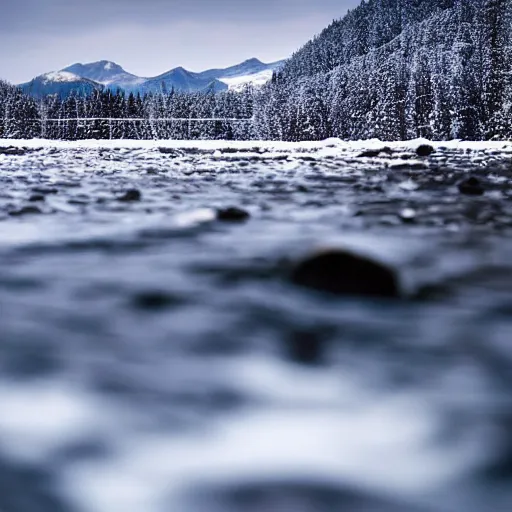 Prompt: a depth of field photograph from the point of view of standing in a river looking north, during early winter in alaska ; gigapixel photography