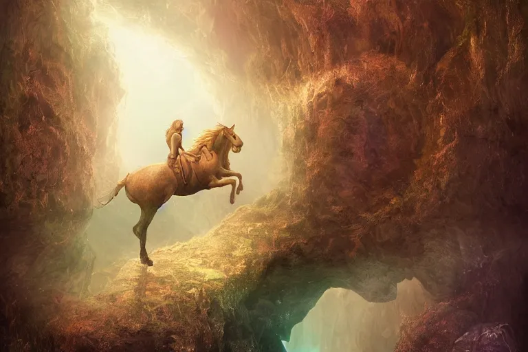 Prompt: An adventurer explores a deep abyss, unicorns, fantasy, realistic, muted colours, digital art, golden hour, dramatic