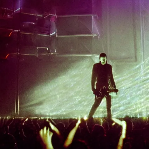 Image similar to dusty Trent Reznor smashing guitars, group of people on stage playing instruments, elaborate stage effects, dust, smoke, giant LED screens, colored projections, ultrafine detail, goth cybersuit, glowing thin wires, smoke, high contrast, projections, a screenshot by David Gilmour Blythe, holography, tesseract, volumetric lighting, anamorphic lens flare