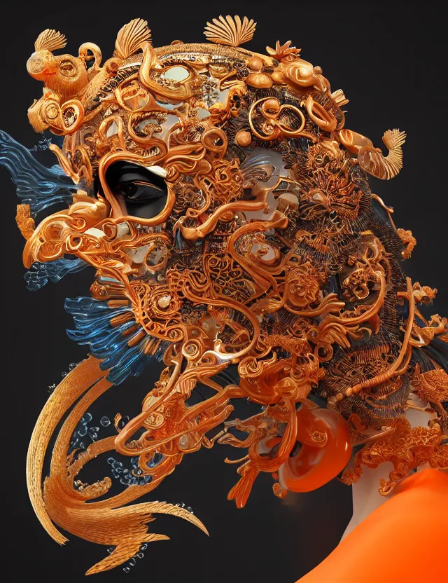 Image similar to 3 d goddess close - up profile portrait biomechanics with ram skull. beautiful intricately detailed japanese crow kitsune mask and clasical japanese kimono. betta fish, jellyfish phoenix, bio luminescent, plasma, ice, water, wind, creature, artwork by tooth wu and wlop and beeple and greg rutkowski. gold black teal and orange color scheme