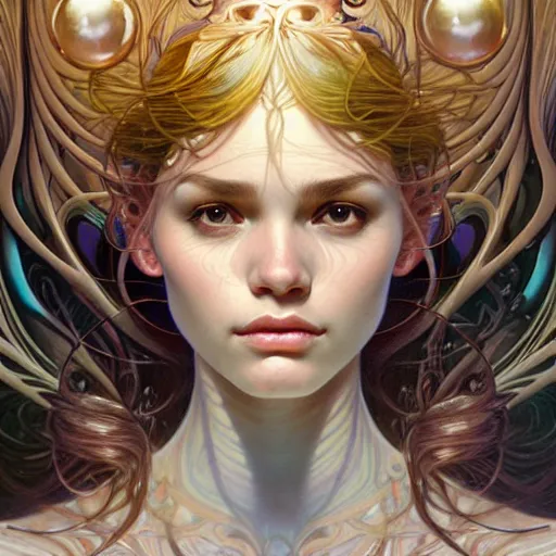 Image similar to Portrait of a girl surrounded by floating orbs, face, fantasy, intricate, elegant, highly detailed, digital painting, artstation, concept art, smooth, sharp focus, illustration, art by Gil Bruvel and Fernanda Suarez and Artem Demura and alphonse mucha