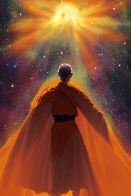 Image similar to portrait of a monk in a spaceship, looking at a nebula, orange robe, dramatic lighting, artstation, matte painting, ralph mcquarrie