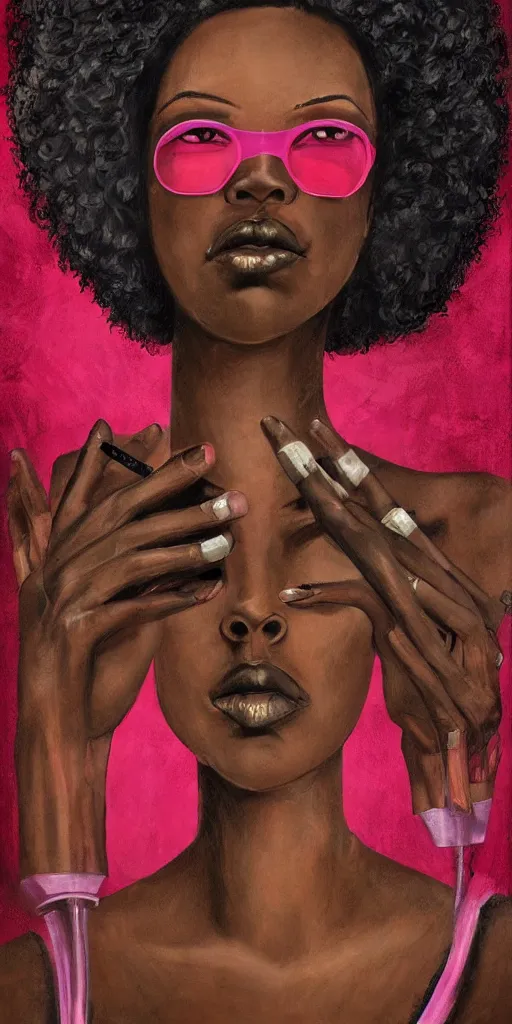 Image similar to A beautiful tall black woman with dark skin and a pink afro, looking at you from across the bar, holding a lit cigarette, digital art, oil painting, clean lines, drawn by H.R Giger