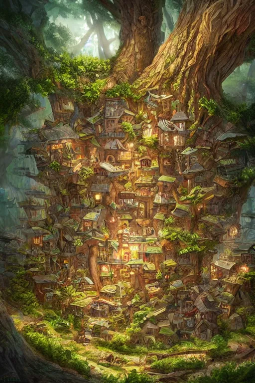 Prompt: a miniature city built into the trunk of a single colossal tree in the forest, with tiny people, in the style of jesper ejsing, lit windows, close - up, low angle, wide angle, awe - inspiring, highly detailed digital art