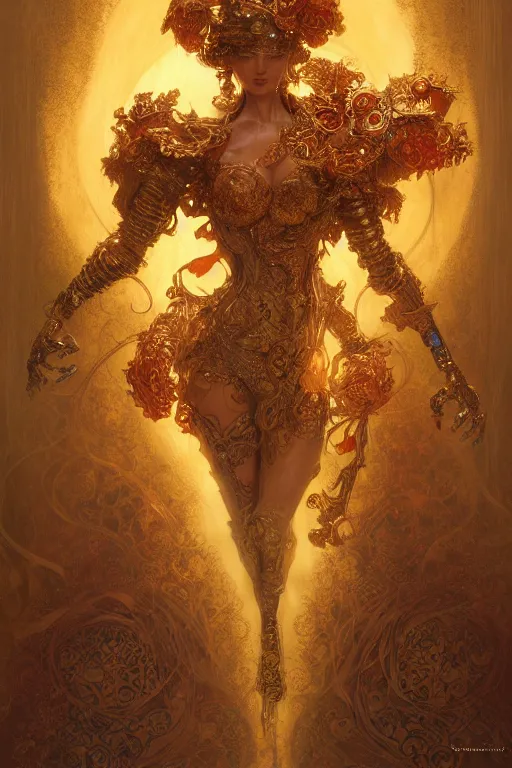 Image similar to tarot card artstation, portrait of a robot love dancer, sunrise, baroque ornament and rococo ornament, ancient chinese ornate, hyperdetailed, beautiful lighting, craig mullins, mucha, klimt, yoshitaka amano, red and gold and orange color palette