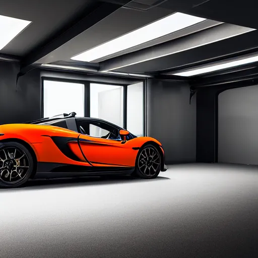 Prompt: a maclaren p 1 parked in a house garage, 4 k, high detail, high - resolution photograph, professional photography, ultra - detail