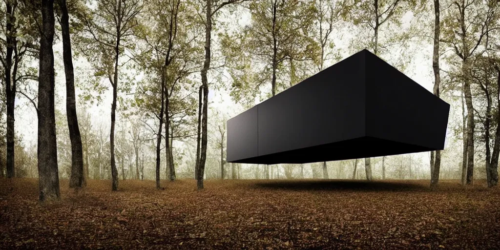 Image similar to a black cube minimalist house in the woods and empty woods, 8k, fantasy, hyper realistic, dramatic lighting, cinematic in ispahan