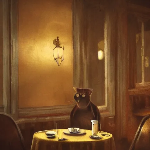 Image similar to brown cat with yellow eyes is sitting at table in a cafe at paris in early 2 0 th century. atmospheric feeling, warm colours, brown colours, yellow colours, epic scene, cinematic, very detailed, octane render