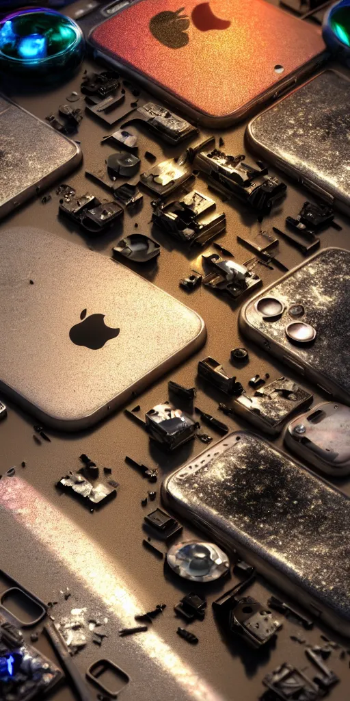 Image similar to A beautiful hyper realistic ultra detailed lifelike cinematic still of broken iphone, knolling, unreal engine, deviantart, flickr, artstation, octane render, textured, colorful, extreme realistic detail, physically based rendering, pbr render, very detailed, volumetric lighting, detailed lighting, octane render, 4k, cinematic lighting, 8k resolution