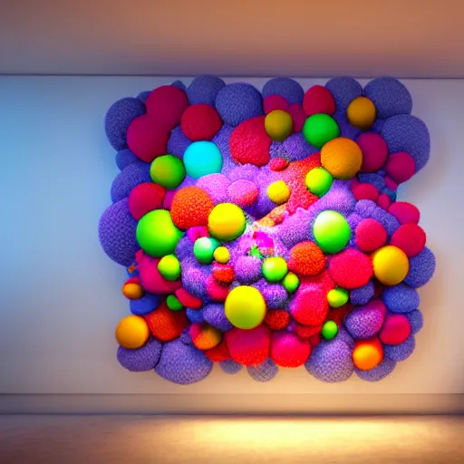 Image similar to : colorful abstract puffy floral sculpture art on the wall in modern architecture studio, meow wolf, cinematic lighting, hyper - realistic, detailed, render by c 4 d octane, unreal engine, 8 k 3 d render