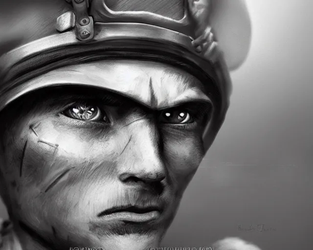 Prompt: A soldier cat warrior in world war one, close-up, realistic face, sharp facial features, mature facial features, black and white, amazing digital art, hyper detailed, artstation, in the style of Tony Sart