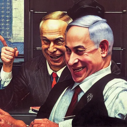 Image similar to benjamin netanyahu laughing and pointing at screen, by norman rockwell