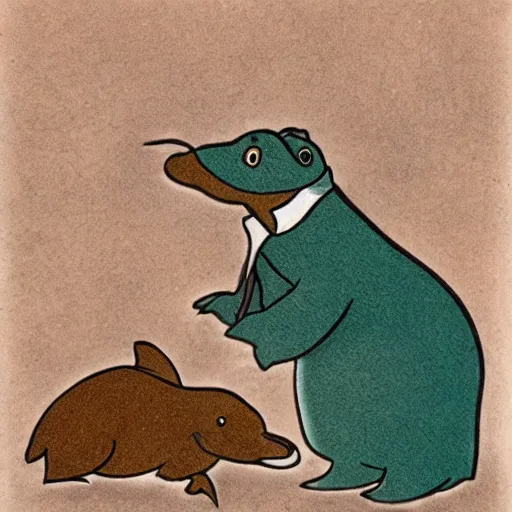 Prompt: A pharmacist fighting a platypus.