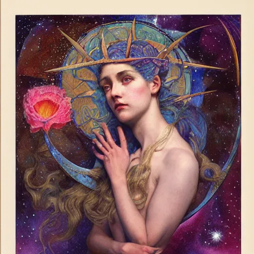 Image similar to queen of the moon with stars in her hair, by annie swynnerton and tino rodriguez and nicholas roerich and jean delville and donato giancola and tom bagshaw, dramatic lighting, floral tattoos, rich colors, smooth sharp focus, extremely detailed, adolf wolfli