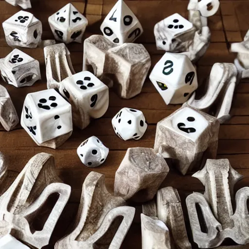 Prompt: set of d20 carved out of ancient spinal vertebrae, bones, dice, dungeons and Dragons, high gloss magazine shoot,
