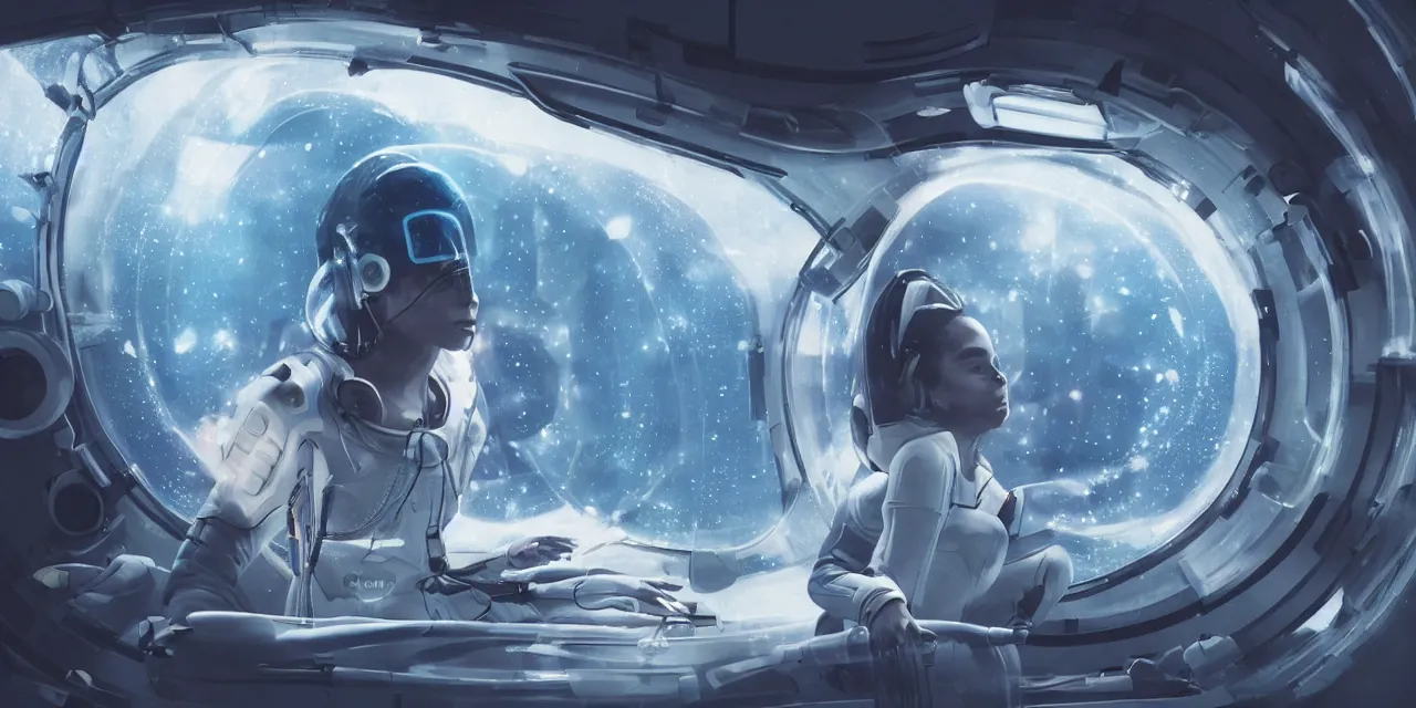 Prompt: Zoe Kravitz futuristic astronaut, inside large window of ship, spacesuit with small led lights, underwater in the ocean at night, clear water, bubbles, volumetric lighting, glowing lights, 4k, octane, digital painting, artstation, concept art, sharp focus, illustration, high contrast, high saturation , cinematic film still, art by artgerm and greg rutkowski and alphonse mucha , wide angle view,