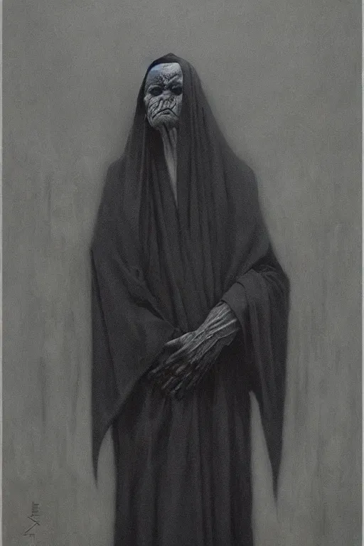 Prompt: a vampire wearing a long black robe with large bat ears huge black eyes and gray skin, character art, painting by zdzisław beksinski