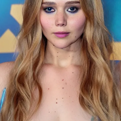 Image similar to a woman who is a genetic combination of jennifer lawrence and elizabeth olsen face and upper - body focus