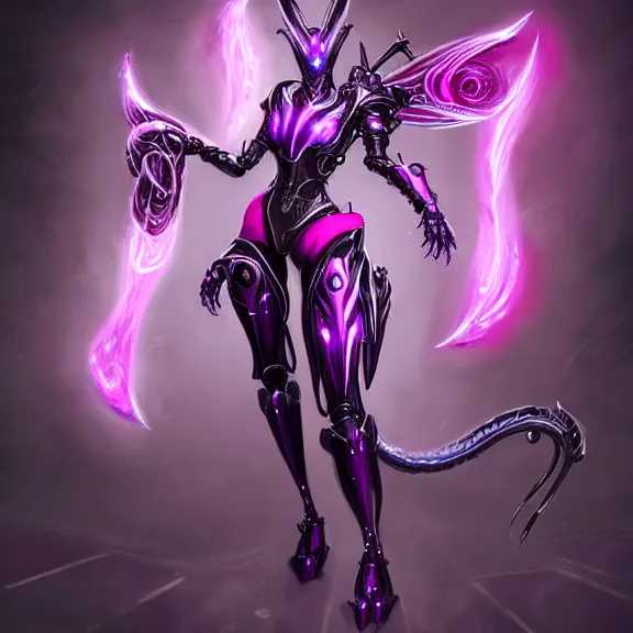 Image similar to highly detailed exquisite fanart, of a beautiful female warframe, but as an anthropomorphic robot dragon with glowing purple eyes, shiny silver armor with fuchsia accents, engraved, elegant pose, close-up shot, full body shot, epic cinematic shot, sharp claws for hands, professional digital art, high end digital art, singular, realistic, DeviantArt, artstation, Furaffinity, 8k HD render