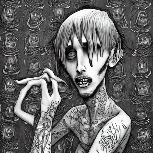 Image similar to michael karcz grunge drawing of lil peep. , in the style of corpse bride, loony toons style, horror themed, detailed, elegant, intricate, trending on artstation, 4k