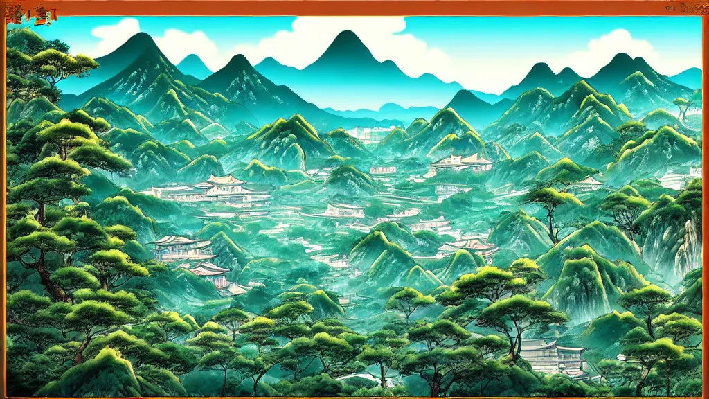 Prompt: beautiful chinese landscape scenery by miyazaki, anime poster, cel shaded