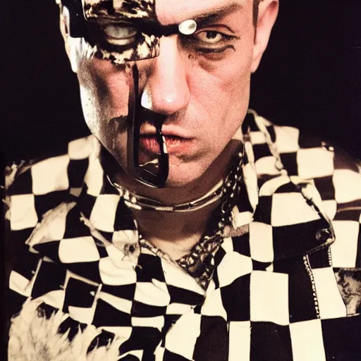 Image similar to punk rock, travis bickle has a mohawk, on a checkered floor, studio portrait