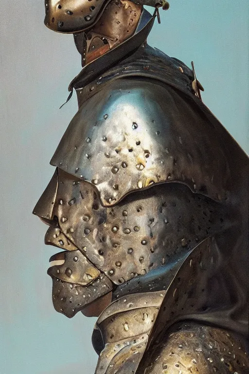 Image similar to hyperrealism oil painting, close - up portrait of face hiding in stingray medieval fashion model, knight, steel gradient mixed with nebula sky, in style of baroque mixed with 7 0 s book art