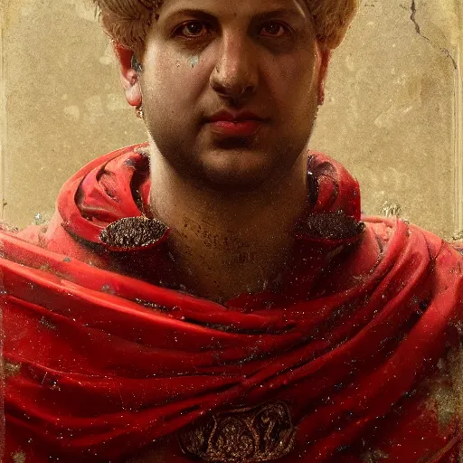 Image similar to detailed portrait of emperor nero, old roman style, non - reflective red cloak, decorated with traditional roman ornaments by ismail inceoglu dragan bibin hans thoma greg rutkowski alexandros pyromallis nekro rene maritte illustrated, perfect face, fine details, realistic shaded, fine - face, pretty face