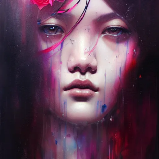 Image similar to rose of blackpink, hyperrealistic portrait, bladerunner street, by karol bak and agnes cecile, fantasy art, photo realistic, dynamic lighting, artstation, poster, volumetric lighting, very detailed face, intricate complexity, rule of thirds, 8 k, award winning