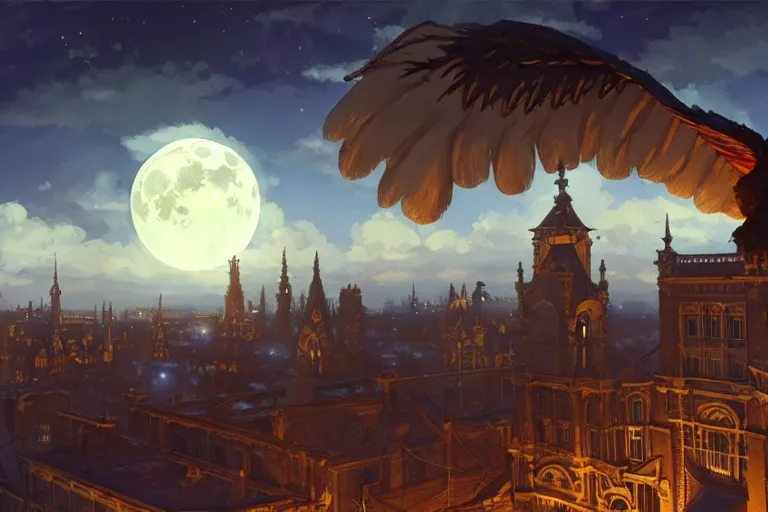 Image similar to a winged monster in the sky above a victorian city, scene in the night. full moon, 1 8 9 0, key visual, conceptart, ambient lighting, highly detailed, digital painting, artstation, concept art, sharp focus, by makoto shinkai and akihiko yoshida and greg manchess