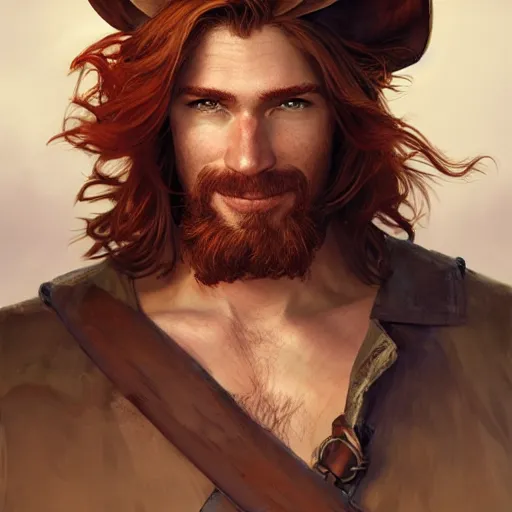 Image similar to portrait of a young ruggedly handsome but joyful pirate, male, masculine, upper body, red crimson hair, long hair, fantasy, giddy smirk, intricate, elegant, highly detailed, digital painting, artstation, concept art, matte, sharp focus, illustration, art by artgerm and greg rutkowski and alphonse mucha