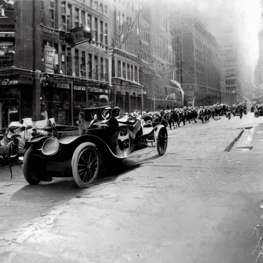 Prompt: old black and white photo, 1 9 1 3, depicting batmobile from dark knight rampaging through the bustling streets of new york city, rule of thirds, three - point perspective, historical record
