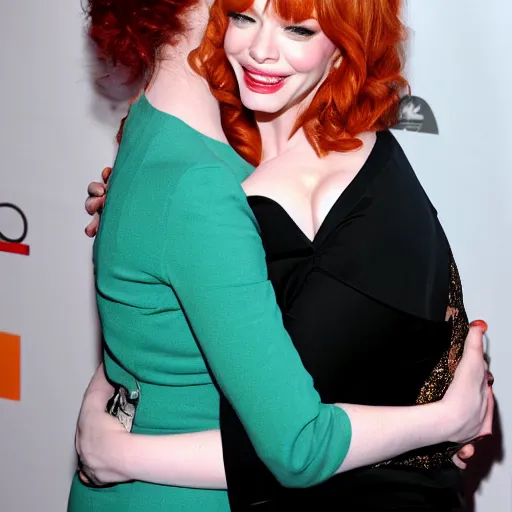 Prompt: christina hendricks hugging,