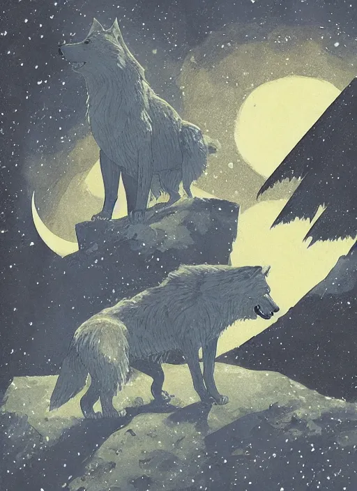 Image similar to a dire wolf howls in the moonlight near the pyramid of giza in the sky 2 3 twinkling purple stars on the cover of a vintage sandman graphic novel by dave mckean and james jean, muted colours, dreary atmosphere