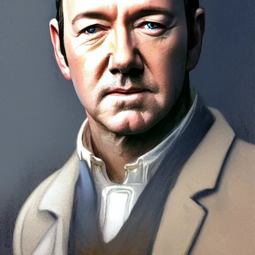 Prompt: painted closeup portrait of kevin spacey, masculine, young, charming, majestic, athletic, fantasy, intricate, elegant, extremely detailed digital painting, trending artstation, concept art, sharp focus illustration art by alphonse mucha, greg rutkowski, craig mullins