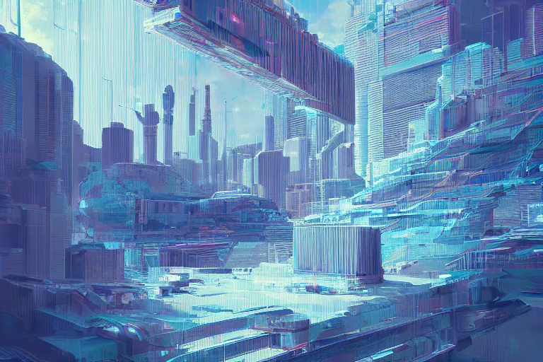 Image similar to soft clean chrome geometric landscape, cyberpunk, cinematic, retrofuturism, sci - fi, hyper realism, vaporwave aesthetic, extremely detailed, intricate, pixel sorting, glitch art, digital art