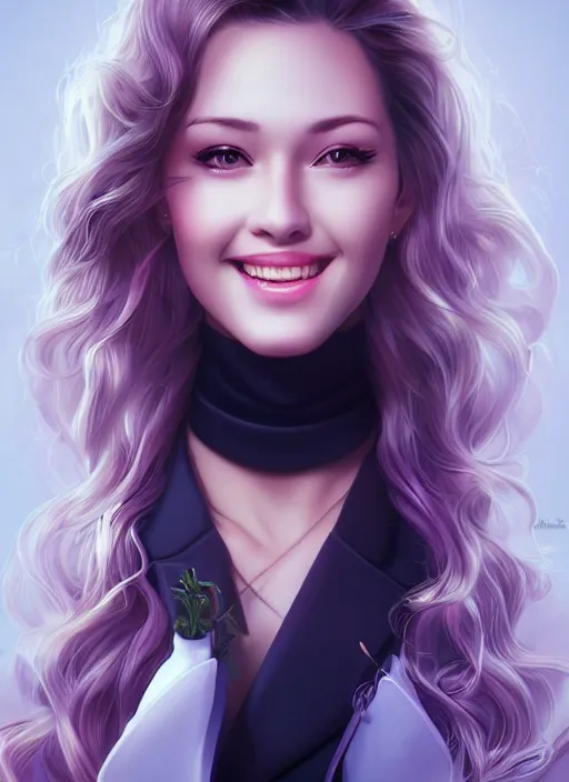 Image similar to beautiful, secretary woman, extremely detailed gorgeous face, looks realistic, hyper-detailed portrait, happy smile, vaporwave aesthetic, synthwave, magical, fantasy, ninchaku , artist Artgerm i and WLOP